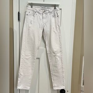 KUT from the Kloth stretch, skinny, distressed, clean hem, mid waist jean.